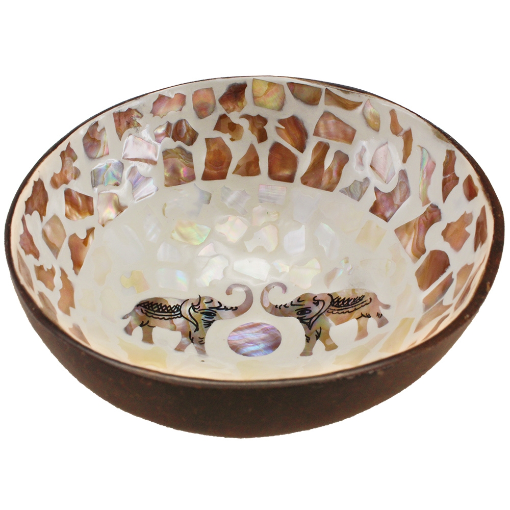 Shiny rainbowl dots on white lacquer CB36 Coconut bowl with mother of pearl inlaid 