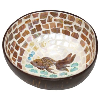 Fish and Lotus Mosaic Inlay Coconut Shell Bowl