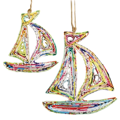Recycled Magazine Sail Boat Ornament