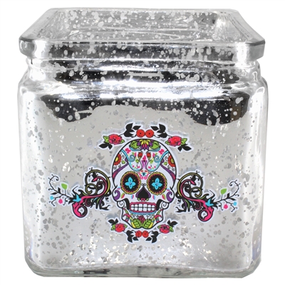 ADS*Sugar Skull Candle Holder Mercury Glass